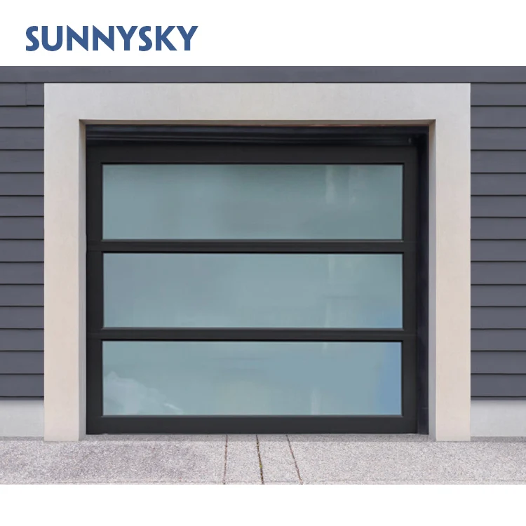 Sunnysky 16x8 Tempered Mirror garag door glass Automatic Sectional Commercial Aluminum Frameless Double Garage Doors