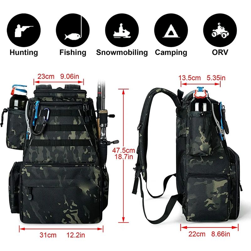 Multifunctional Oxford Nylon Fishing Tackle Backpack with Rod Holders Trout Fishing Outdoor Sports Camping Hiking Storage Bag