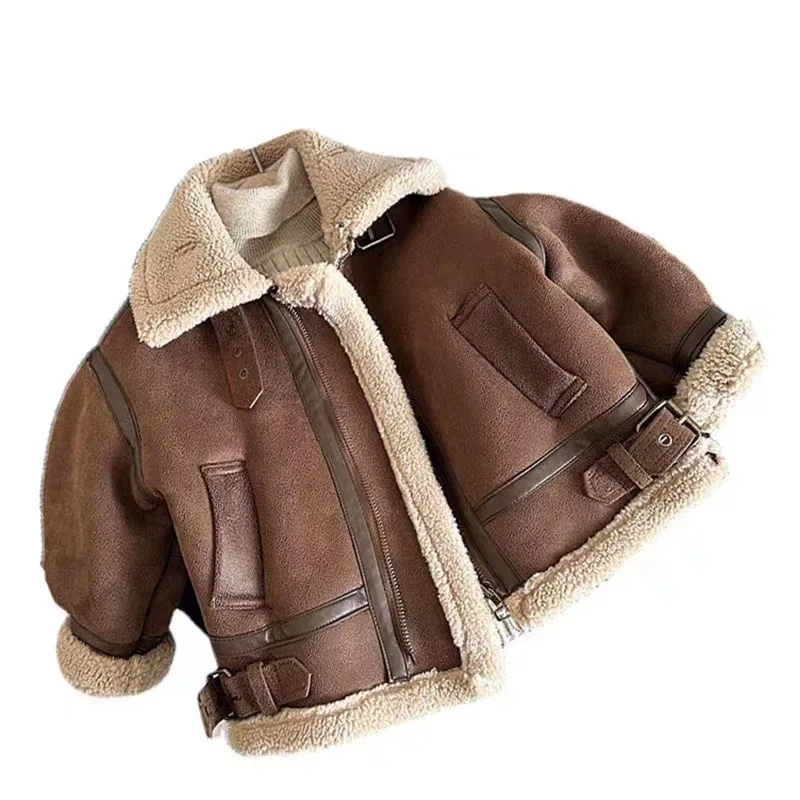 Winter Boys and Girls Motorcycle Jacket Coat Kids New Suede Lamb Fleece outwear