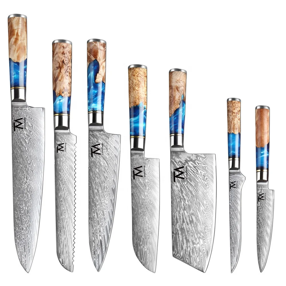 Набор японских кухонных ножей из дамасской стали с полимерной ручкой, 7 шт.