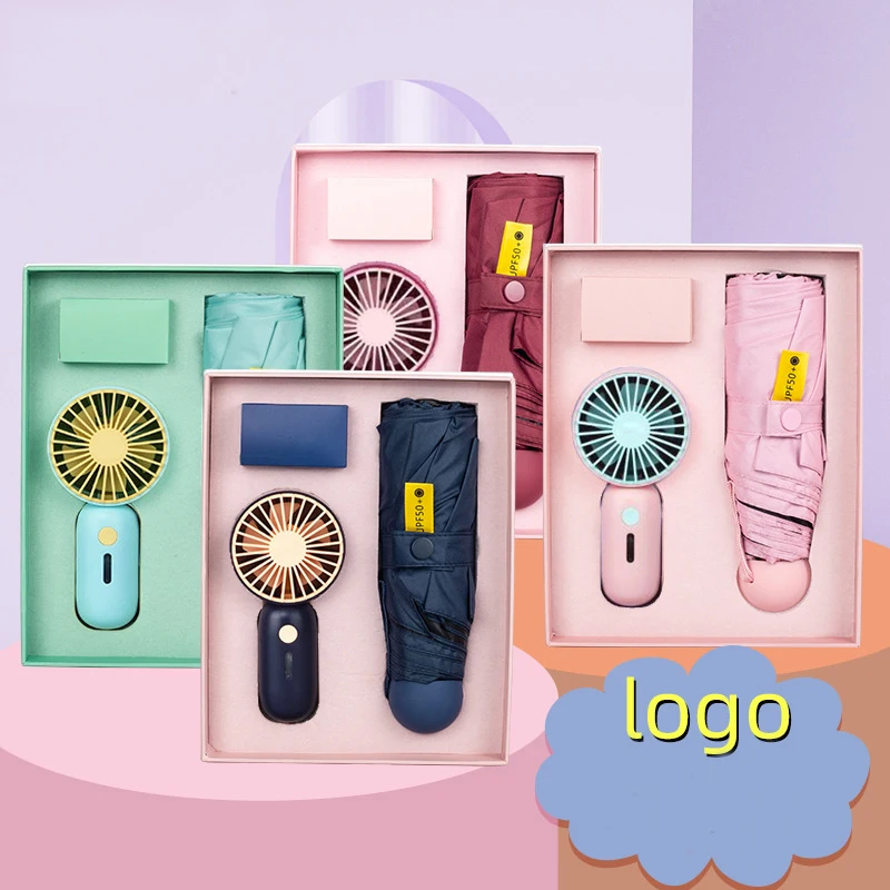 Umbrella And Fan Gift Set USB Mini Fan Portable Handheld Fan Umbrella Set Promotional Business Gifts