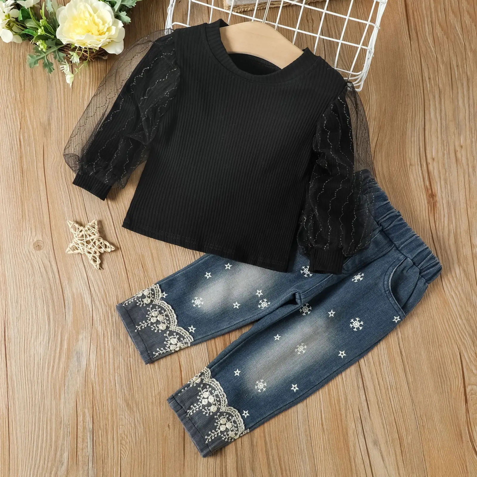 2022 New Girls Spring Autumn Long Bubble Mesh Sleeve Pure Color Knitting Blouse Printed Lace Jeans 2pcs Set Toddler Kids Wear