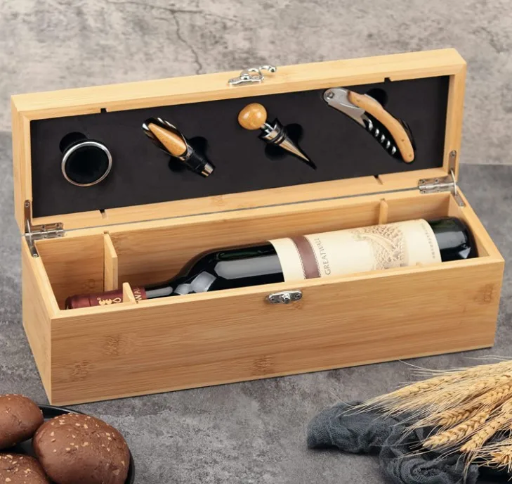 Wine Box with 4  Accessories Set Fathers Day Wine Gifts for Men Dad Gifts Bamboo Wine Case with Tools Set