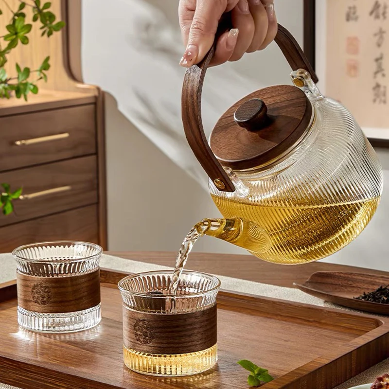 Striped Cylindrical Glass Teapot-for Coffee & Tea Sets