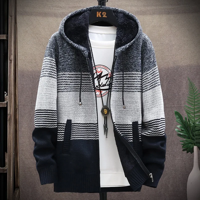 Sweater Coat Fashion Patchwork Cardigan Men Knitted Sweater Jacket Slim Fit Stand Collar Thick Warm Men Cardigan Coats