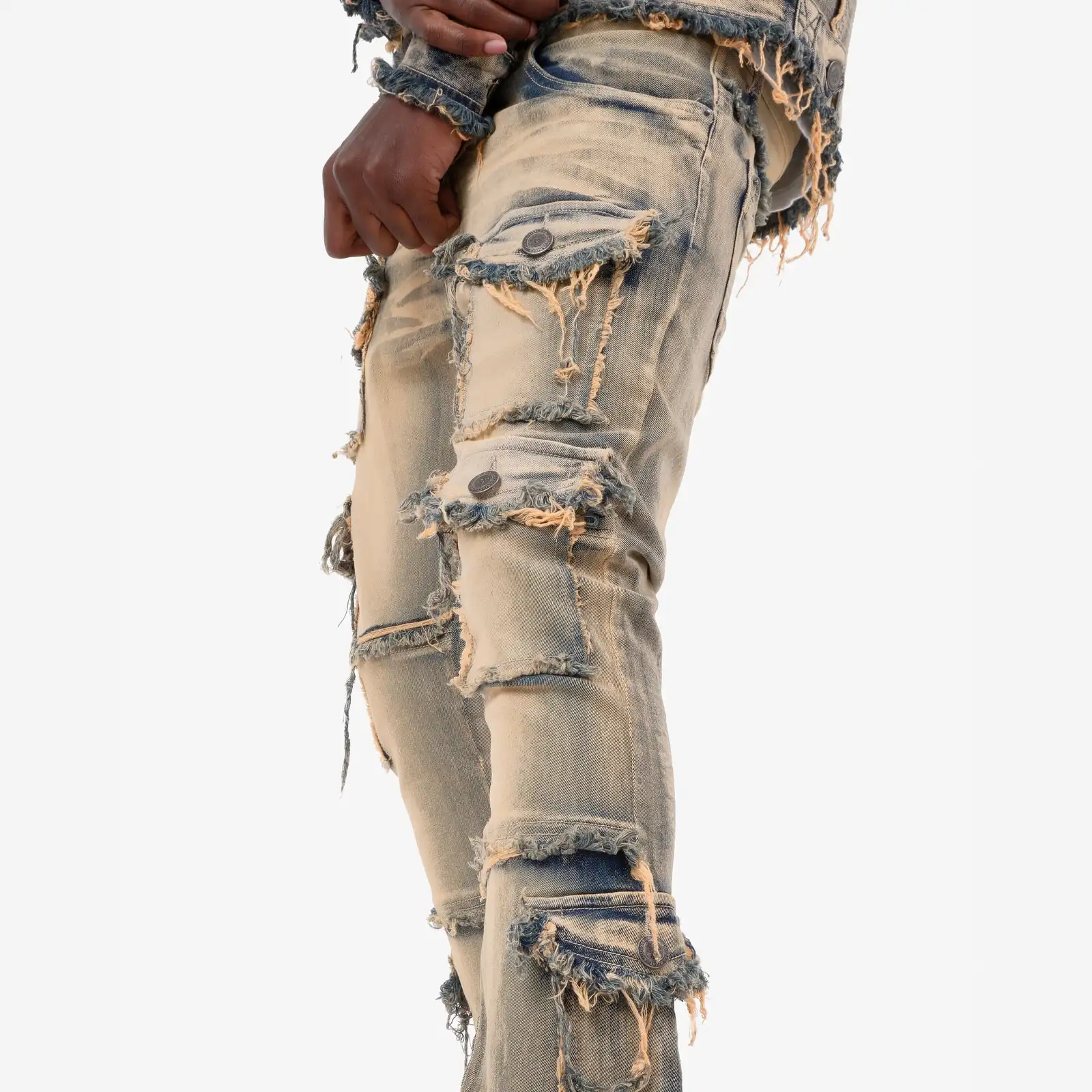 High Quality Distressed Vintage Acid Wash Raw Hem Super Cargo Pants Skinny Flare Stacked Slim Fit Jeans Men