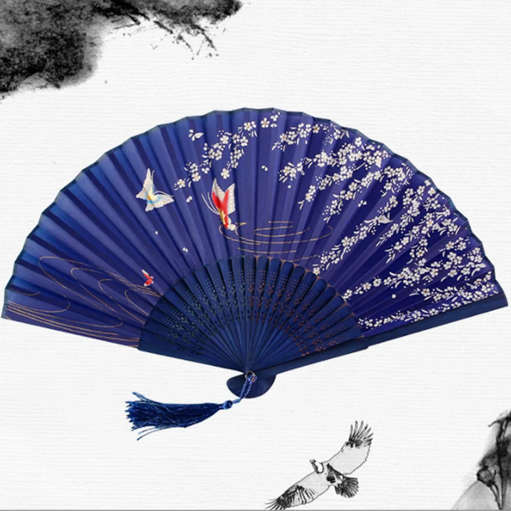 Bamboo Ribs Fabric Portable Folding Oriental Hand Fans with Tassel for Dance Performance Decoration Wedding Party Favor