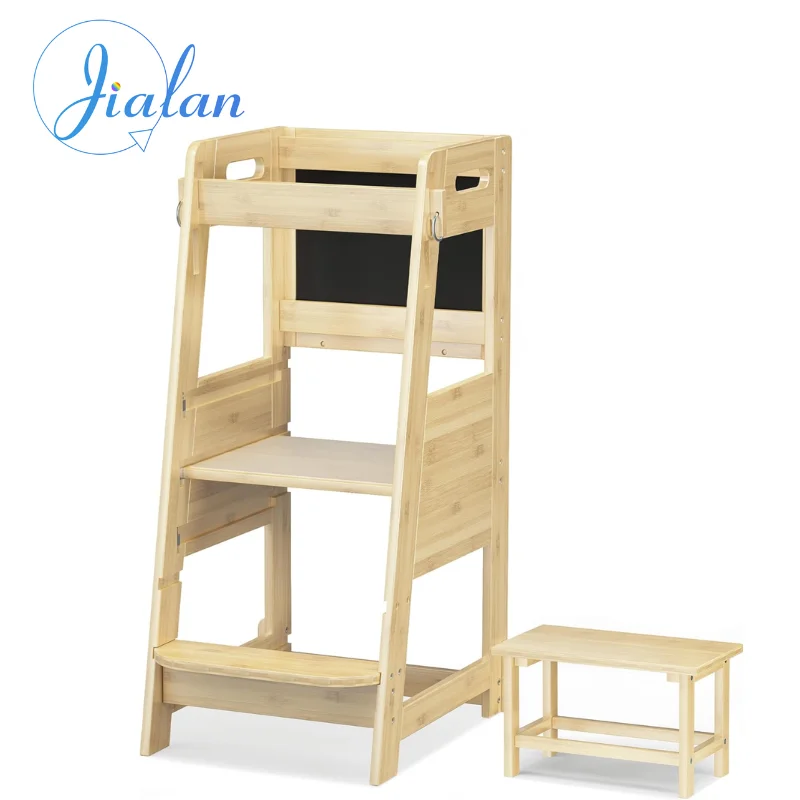 Bamboo Toddler Kitchen Step Stool Kids Learning Helper Standing Tower 3 Height Adjustable Stool with Activity Chalkboard