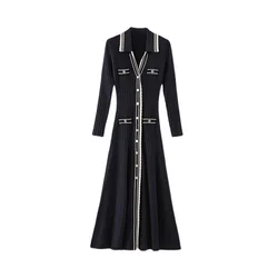 New long dress French contrast color striped style long sleeve knitted dress for women Autumn dresses for women