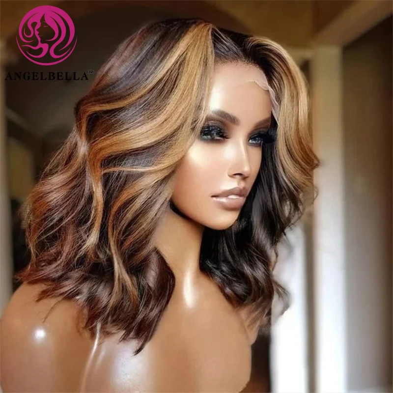 Highlight HD Wigs Human Hair Lace Front Shoulder Length Piano Color Curly Bob Wig Highlight Body Wave Bob Wig For Black Women