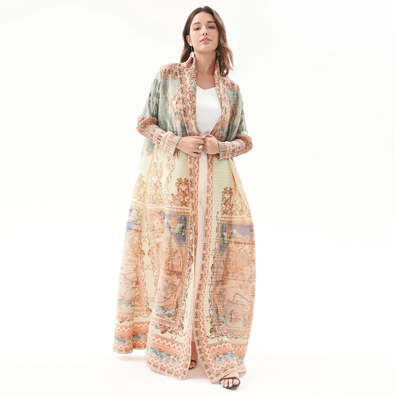 Factory Customized Miyake Open Abaya Print Kaftan Robes Pleated Lady Coat Commuting  Casual Long Dress Mid-East