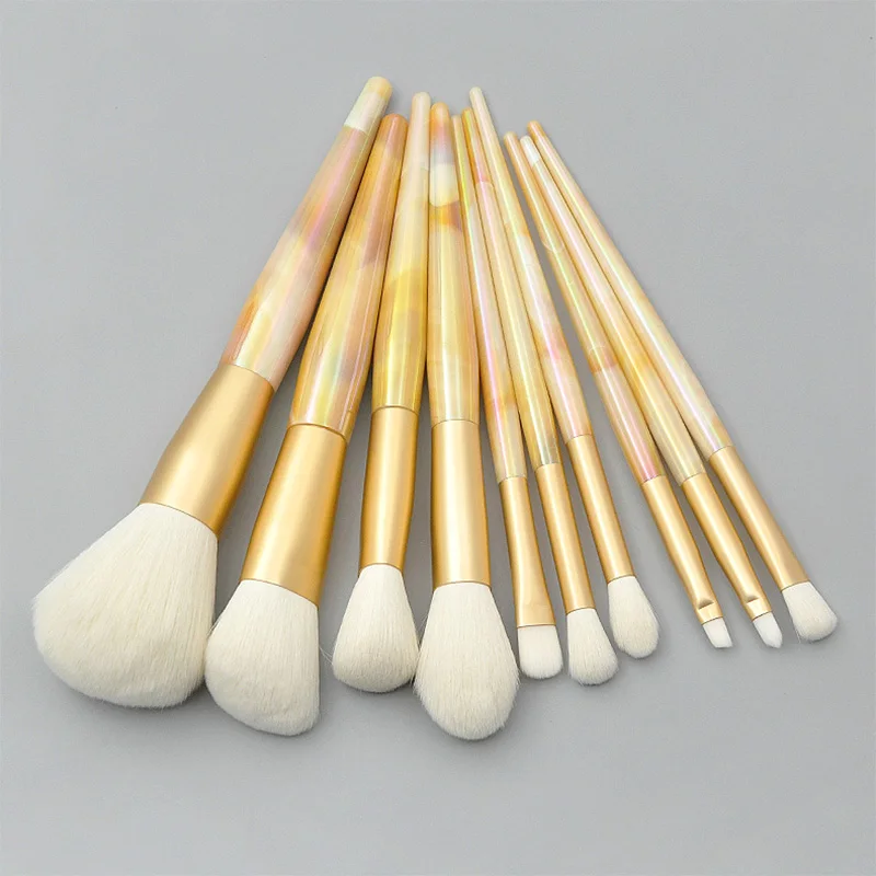 high end professional yellow Laser marbled conical plastic handle 10pcs/set synthetic makeup brushes