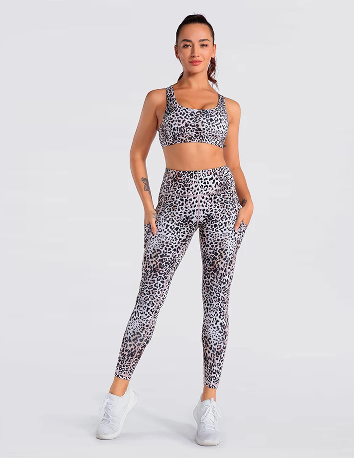 Sportswear set women cheetah pattern leopard yoga set plus size yoga set with side phone pockets