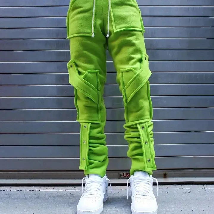 Hip-hop Streetwear custom winter fleece jogger sweat pants multi pockets stacked sweatpants for  men