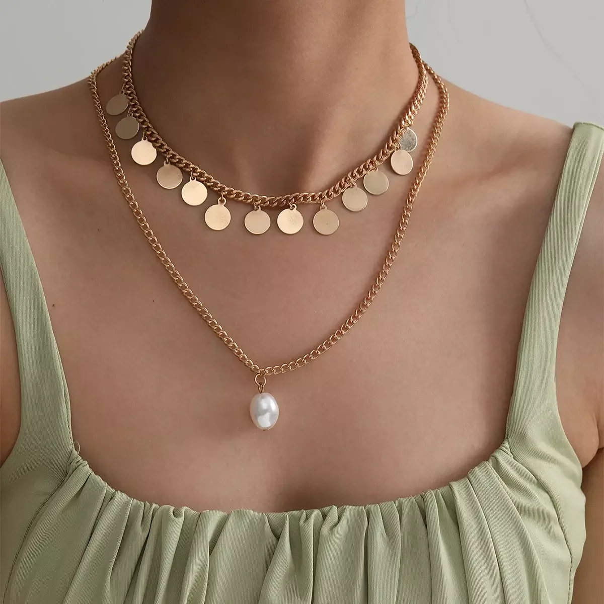 SHIXIN Gold Color Bling Bling Sequin Tassel Necklace Layered Chain Baroque Pearl Pendant Necklace for Women Wedding Jewelry