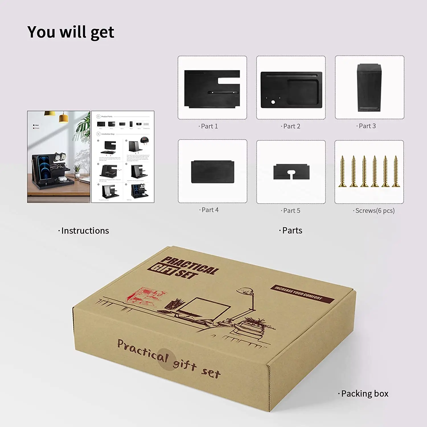 Черное дерево док-станция для телефона тумбочка Органайзер Настольные принадлежности ключ держатель