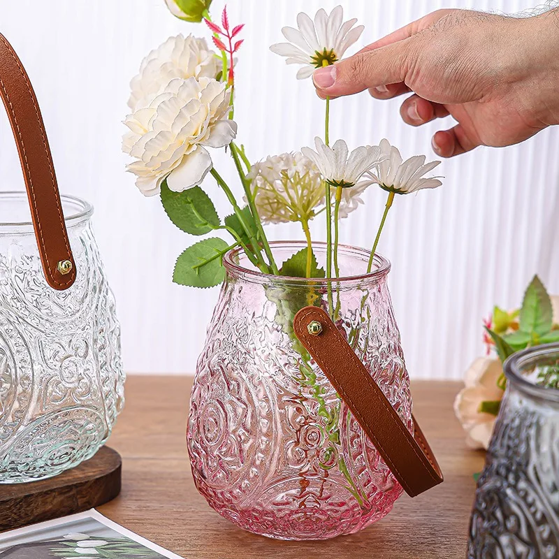 Nordic Style Ins Leather Decorative Glass Crystal Vase High-End Home Purse Wholesale Light Luxury Embossed Glass Bottle Premium