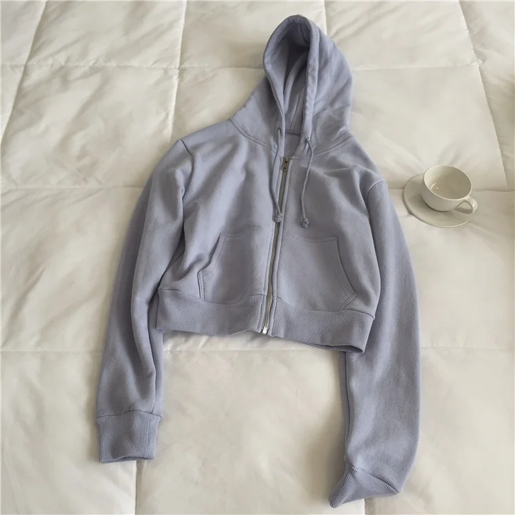 Женская однотонная укороченная толстовка из 100 хлопка, розовая, белая, синяя, на молнии