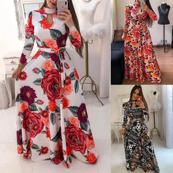 Wholesale 2024 fashion sexy ladies O-Neck long sleeve Women muslim maxi Dresses (C1002-1)