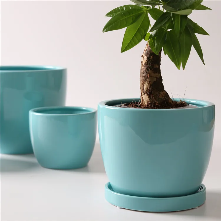 Wholesale custom logo round shape indoor outdoor decorative ceramic wedding indoor plant pots with tray