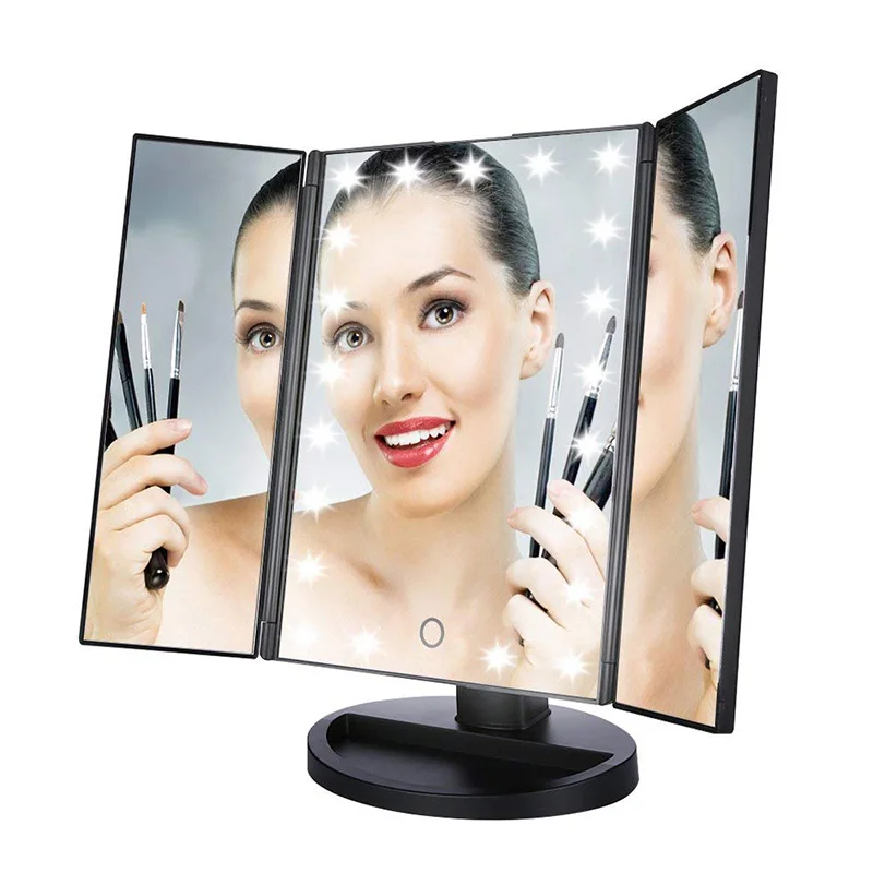 Portable Three Folding Table LED Lamp Luminous Makeup Mirror Cosmetic Mirror Adjustable Tabletop Countertop Light Mirror