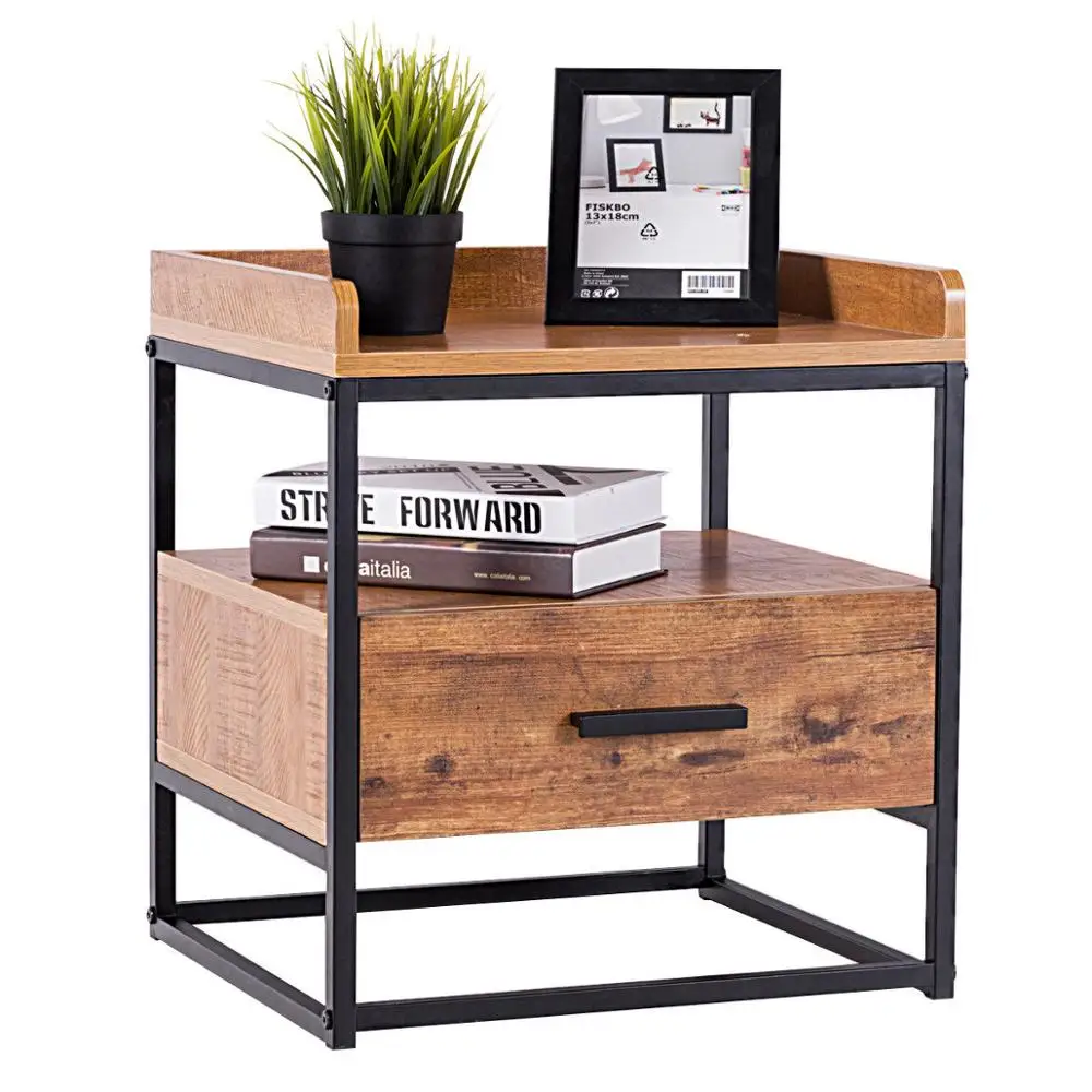 Side Sofa Table Metal Nightstand Storage Display Bedroom With Drawer