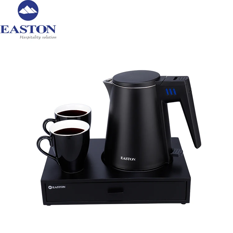 Elegant design hotel guest room coffee table set black kettle with matching holding tray