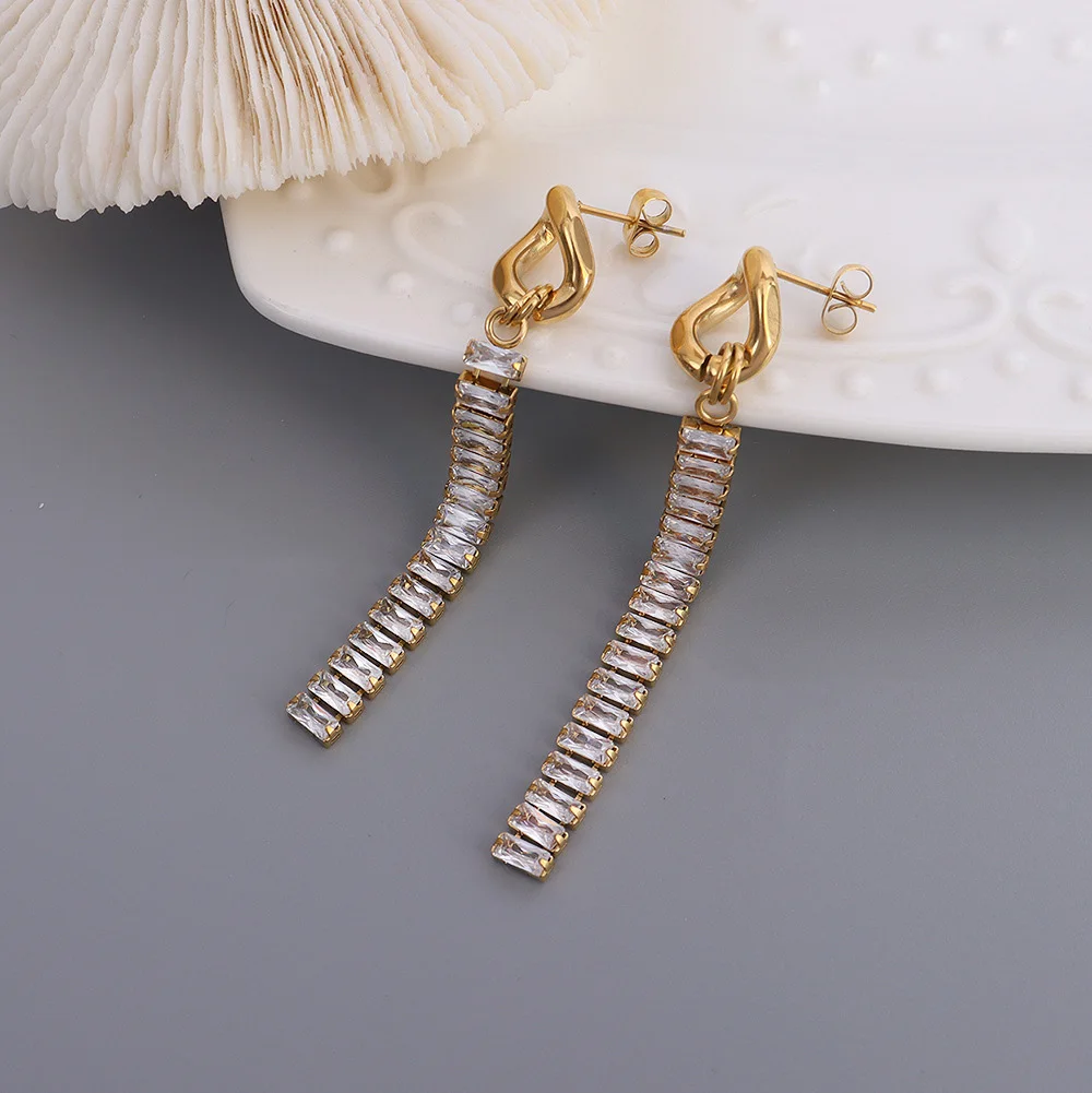French style jewelry fairy full diamond zircon titanium steel earrings show slender Tassel Earrings 18K gold earrings wholesale
