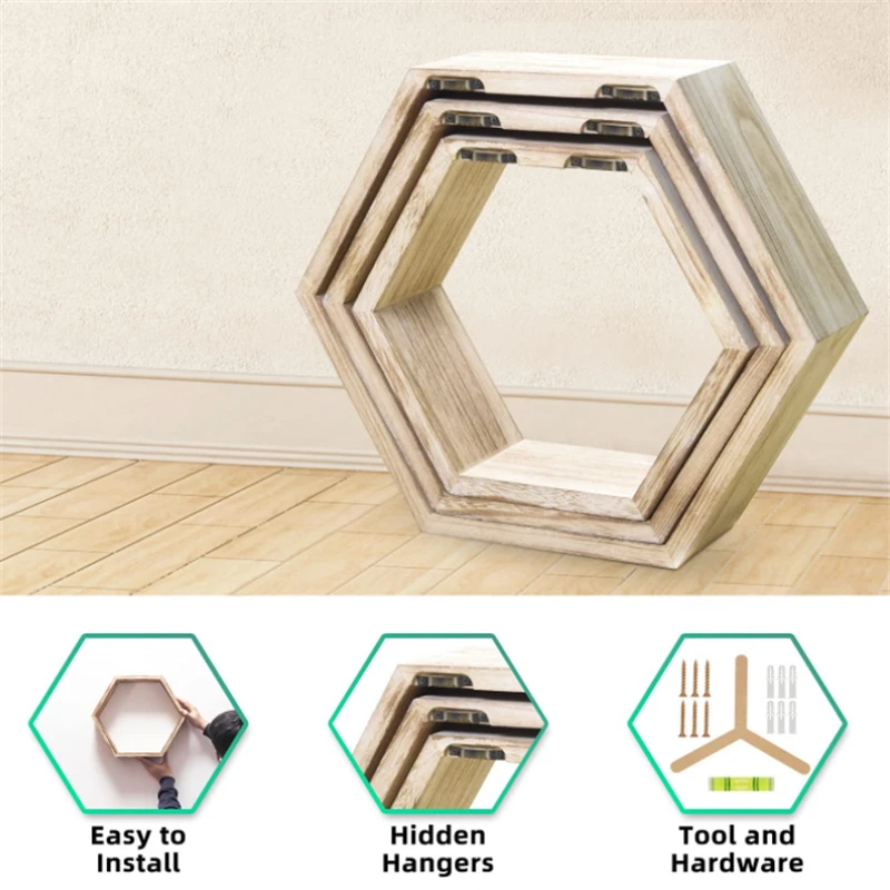 Wholesale Hot Sale High Quality Hexagon Floating Wall Shelves Wooden Wall Mounted Shelves