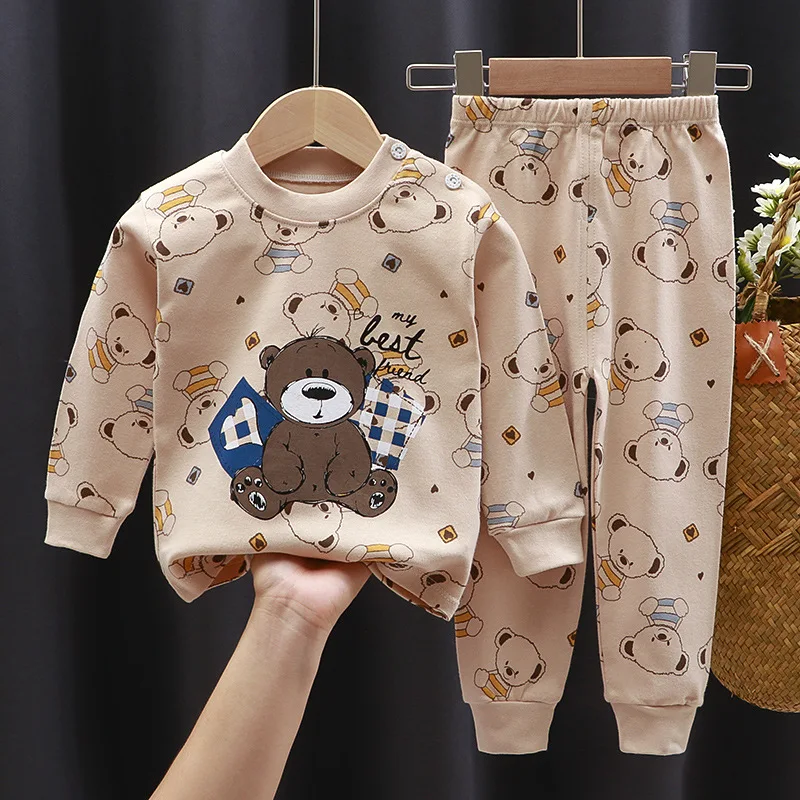 cotton kids cartoon bear baby clothes children pajama print dinosaur animals suit shirts children kid suit pajamas