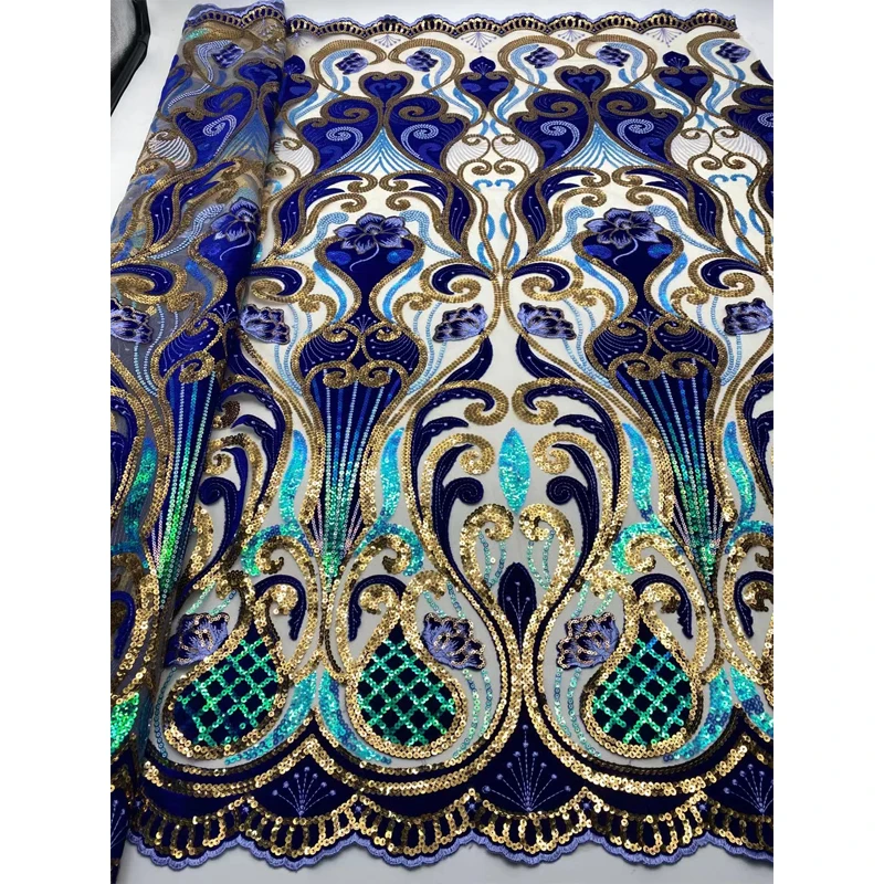 Best quality embroidery royal blue tulle lace women evening dress fashion sequin velvet fabric