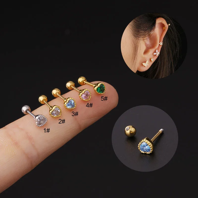 YW Wholesale New 20G Heart Cz Stainless Steel Ball Screw Stud Earrings Cuff Stud Daith Tragus Rook Piercing Jewelry