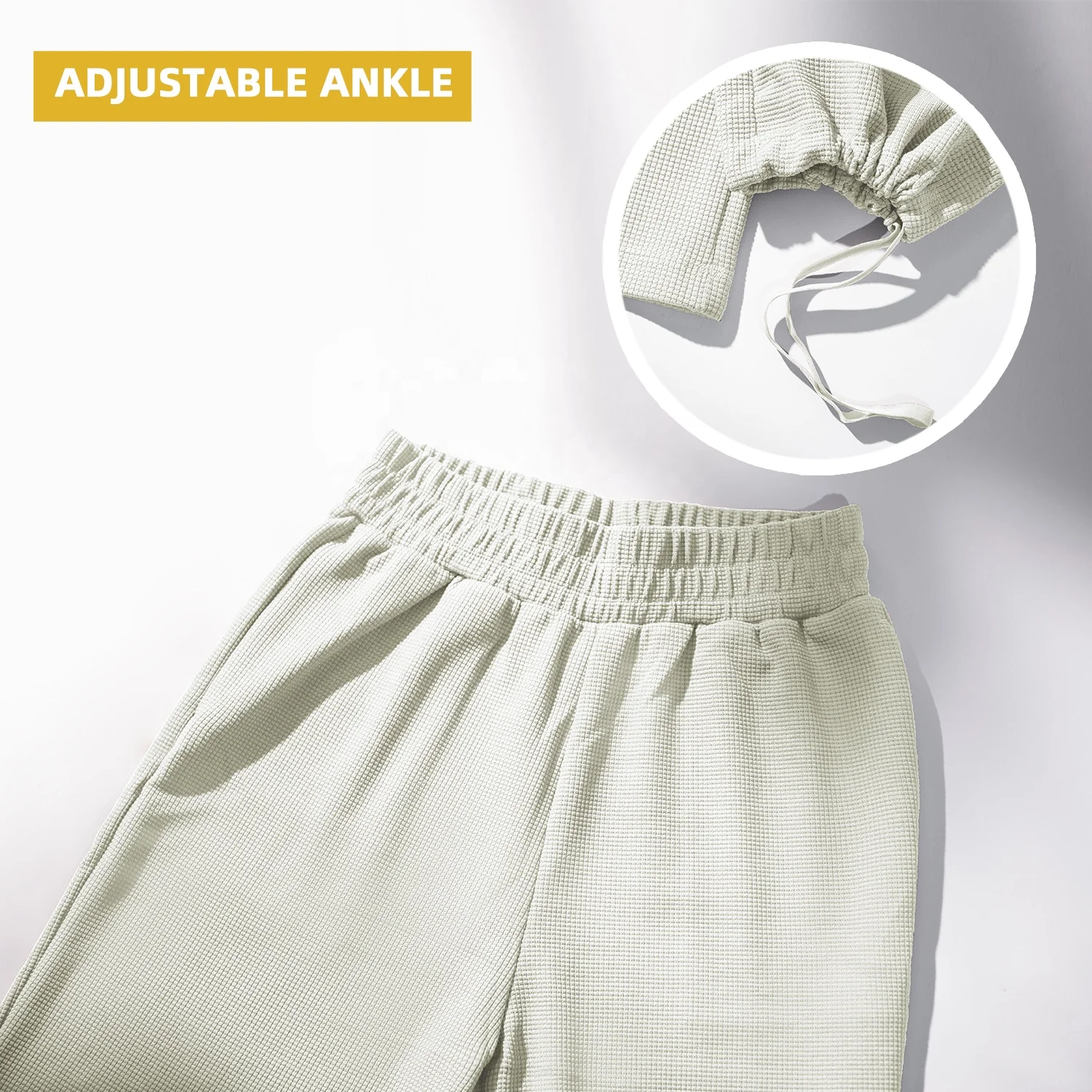 2 Pieces Waffle Pattern Side Pockets Hooded Jackets Women Adjustable Loose Pants Set