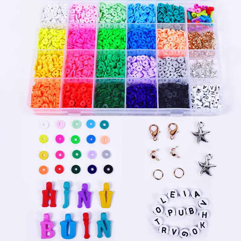 Children Educational Creative Diy Clay Bead Craft Kit Flat Round Shape Colorful Design Polymer Clay Beads for Bracelet Making