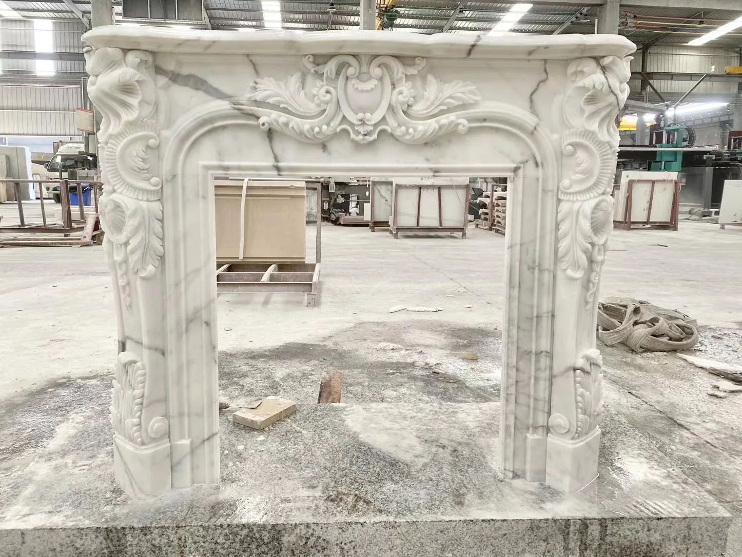 Freestanding indoor dark green marble fireplace surround mantel shelves