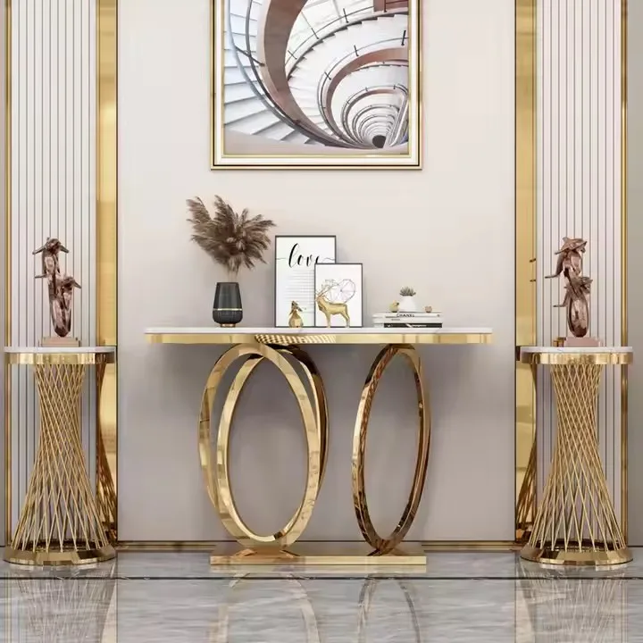China Class Luxury Gold Hallway Mirror Marble Glass Gold Metal Frame Living Room Furniture Console Table