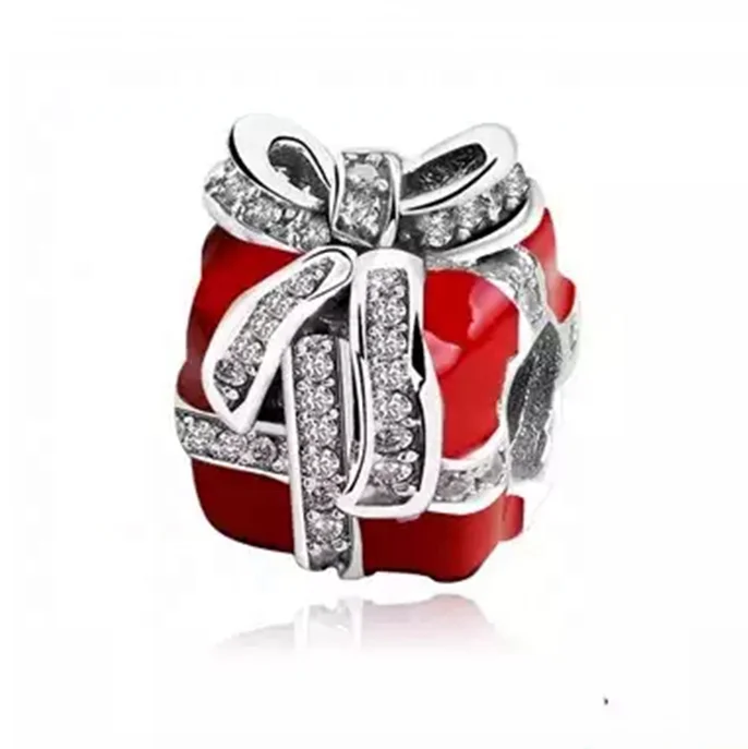 Custom christmas jewelry new year gift pure 925 sterling silver red enamel charm box ornaments with beads for DIY bracelet