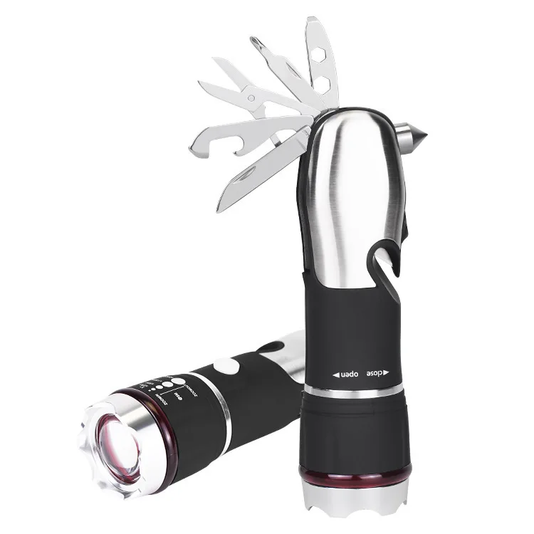 2024 Multifunctional Combination Tool Safety Hammer Retractable Focusing Flashlight Aluminum Head LED Tool Steel Package