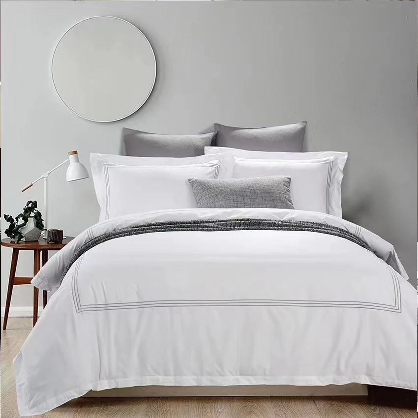 Luxury 5 Star Hotel Linen  Logo Custom Size Duvet Cover Bed Sheet White 100% Cotton Hotel Bedding Set