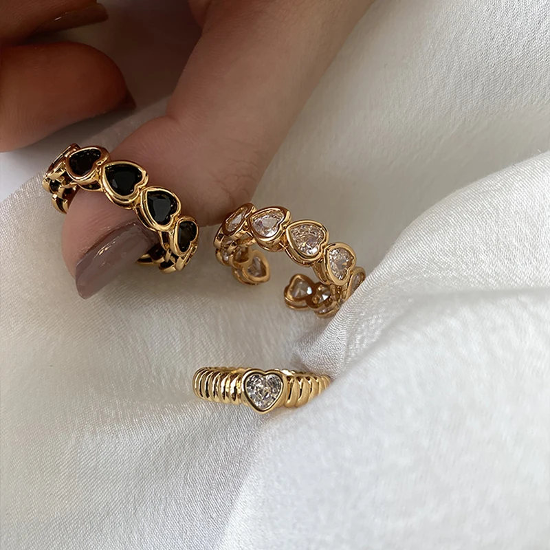 3 Designs Clear Black Shiny Zircon Love Heart Ring 18K Gold Plated Adjustable Rings for Women French Romantic Delicate Jewelry