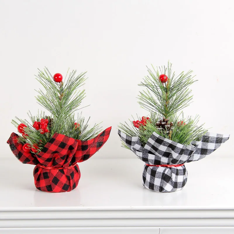 Mini Plaid Christmas Tree Decorations Christmas Simulation Red Fruit Tree Tabletop Decoration Photo Props
