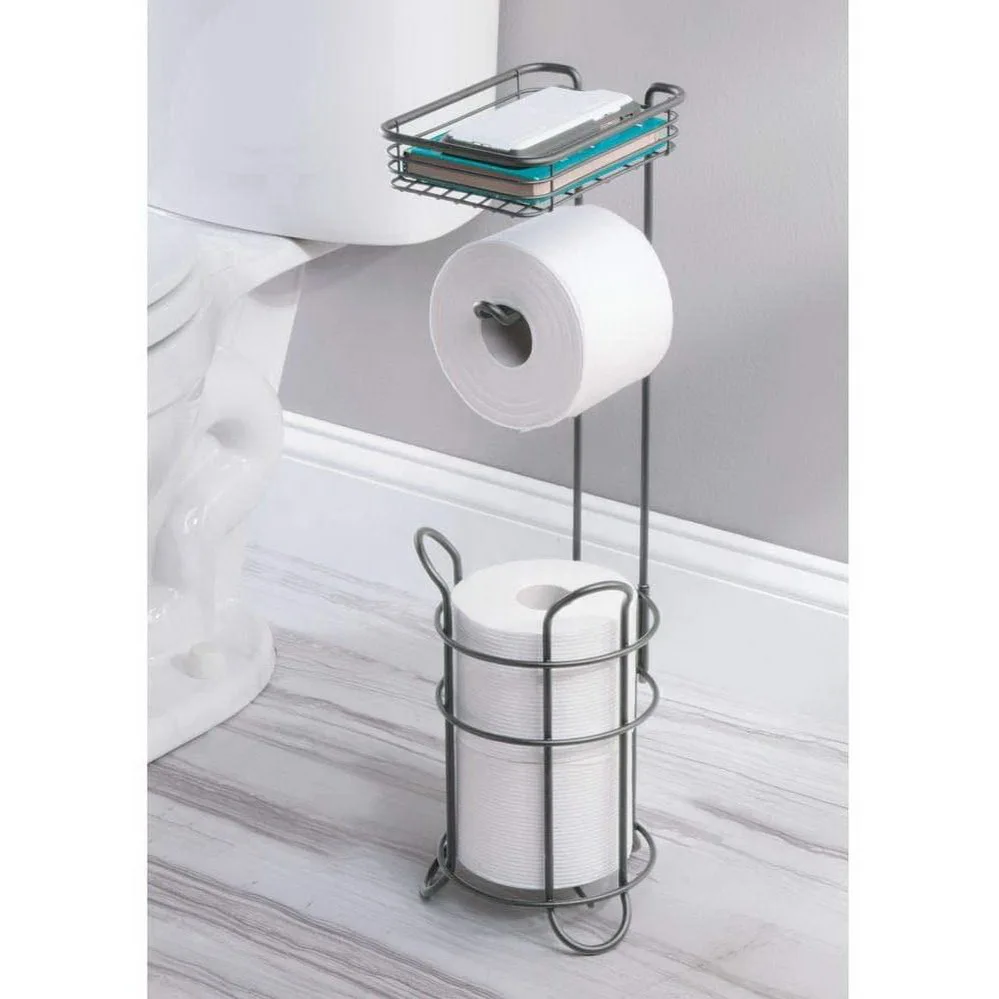 Bathroom Freestanding Metal Wire Toilet Paper Roll Holder Stand and Dispenser with Storage Shelf for Cell Mobile Phone