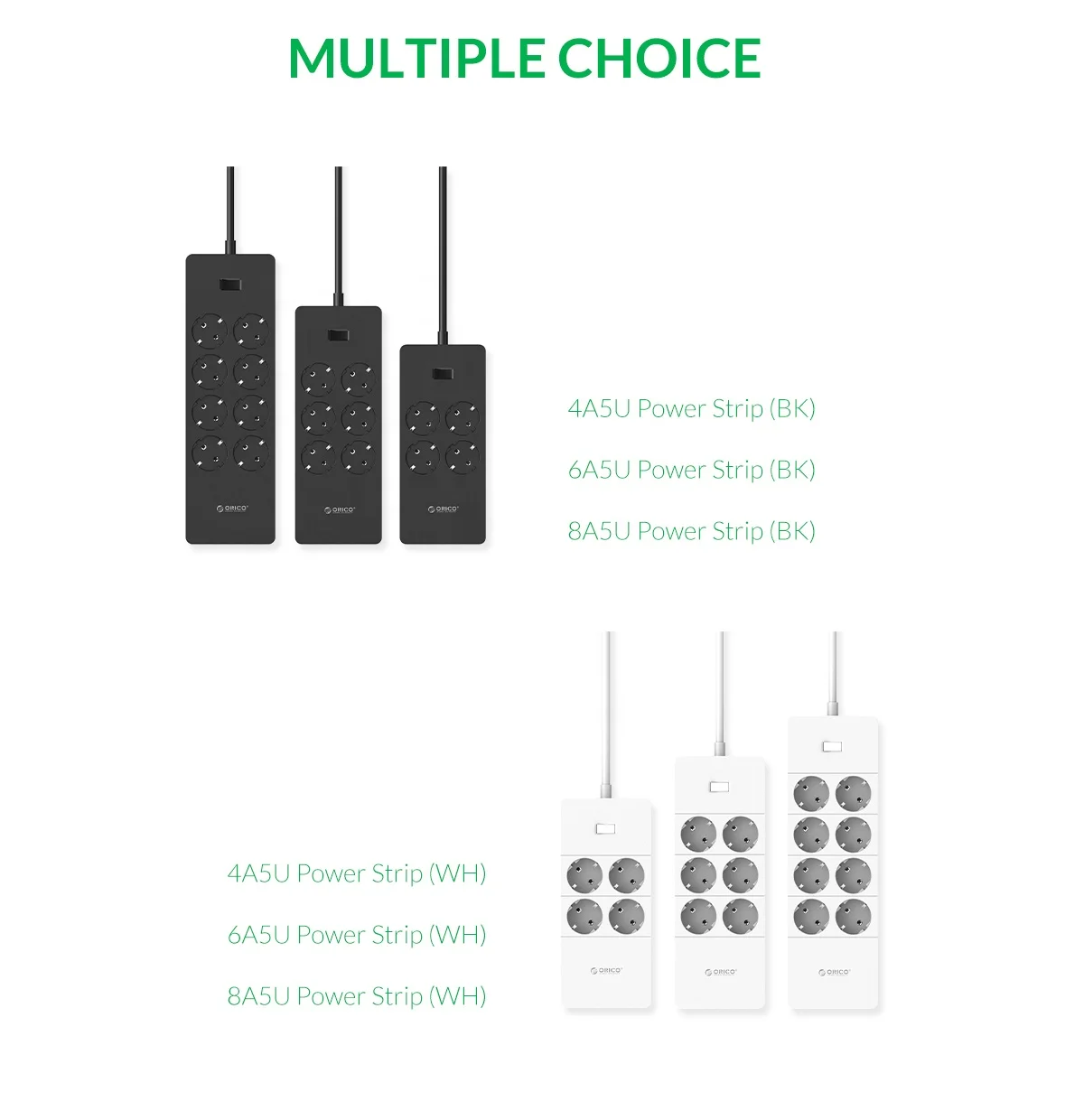 240V 8 AC EU Socket Extension Outlet Power Strip with 5 USB Charging Port HPC-8A5U-V1-EU