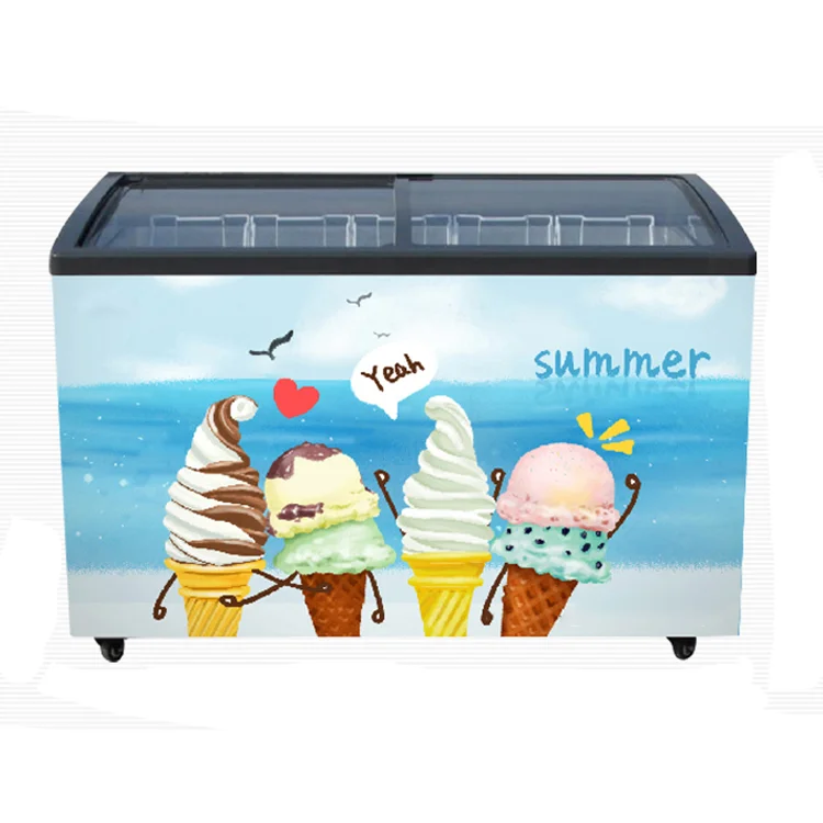 Small Ice cream display refrigerator slide curved glass door chest freezer for supermarket and convenience store