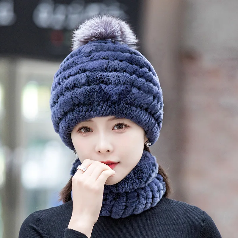 Autumn and Winter Warm Rex Rabbit Fur Grass Hat Double Layer Thickened Versatile Fox Fur Ball Ear Protection Hat Scarf Set