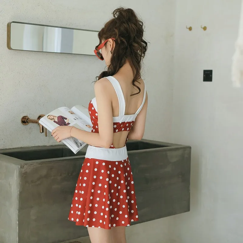 Wide shoulder strap Korean belly slimming one-piece skirt-style underwire hot spring conservative push up swimsuit