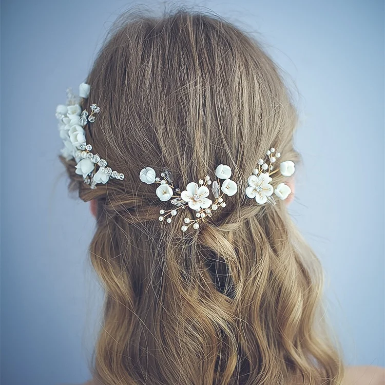 Fashion Ceramics Floral Headpiece Bridal Gold Hair Comb Pearls Women Prom Hair Pin Jewelry Wedding Accessories