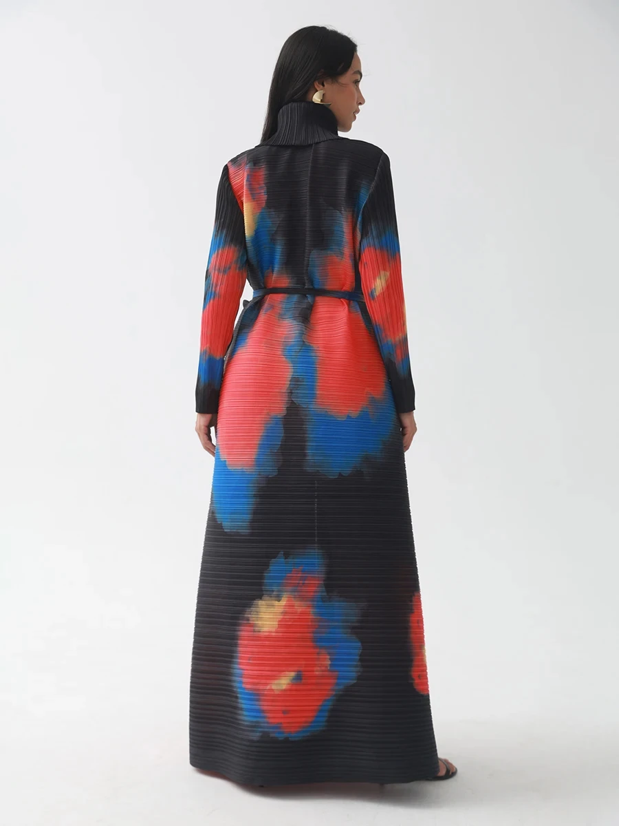 Factory Customized high quality Miyake Pleated Abaya Scarf Collar Belt Kaftan Robes Front Open Coat Women Muslim Modest Abaya