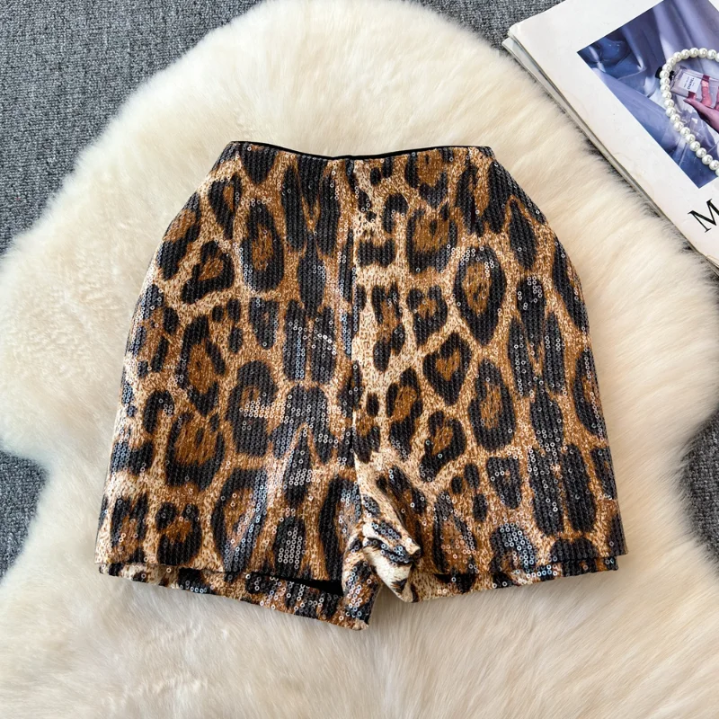 Leopard Print Sequined Shorts for Women Autumn New High Waist Slimming Shorts Female Wide Leg A Line Casual Pants