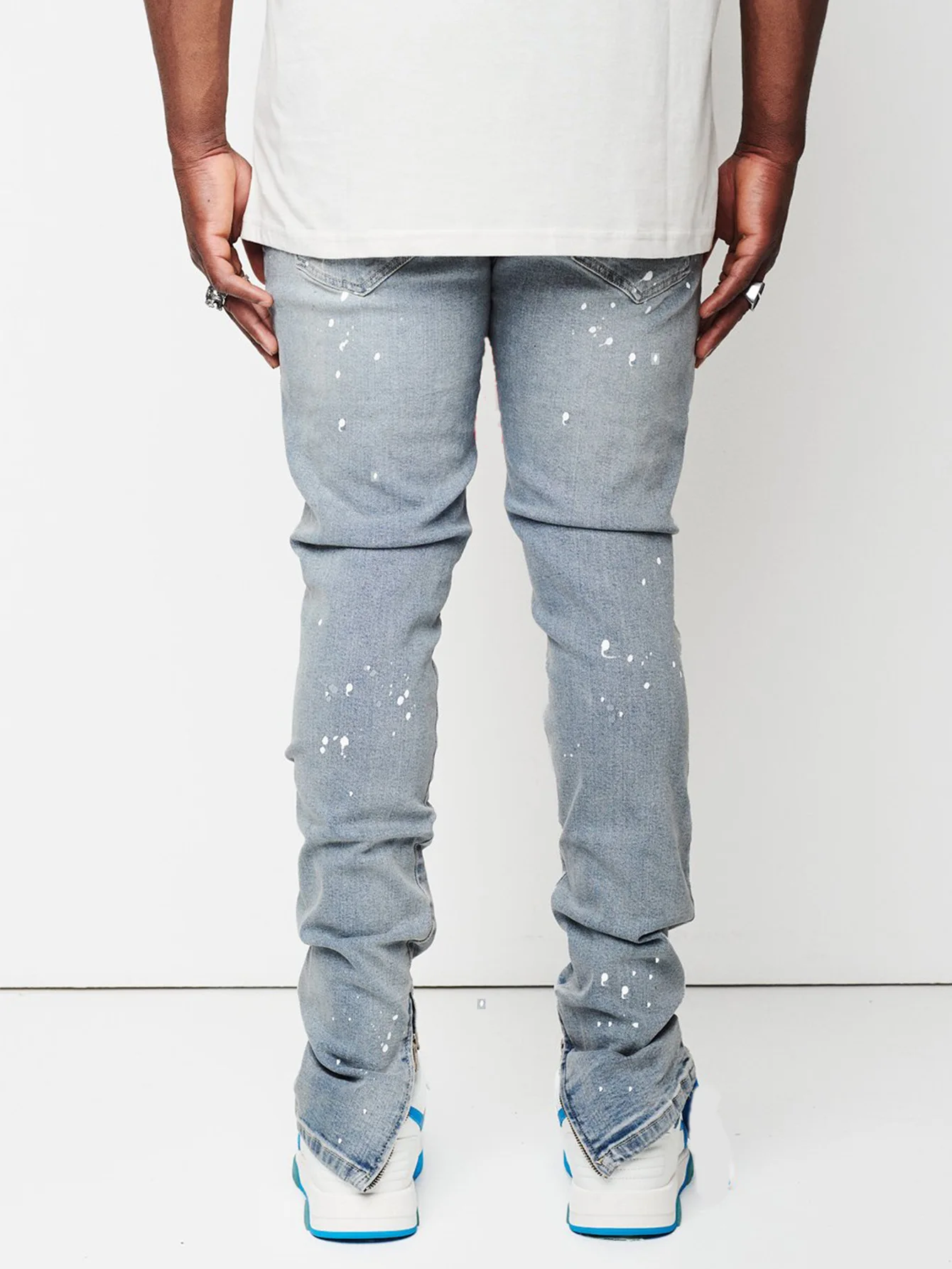 England New design jeans men paint slim fit cotton ripped denim pants customized LOGO knee damage  light blue jeans